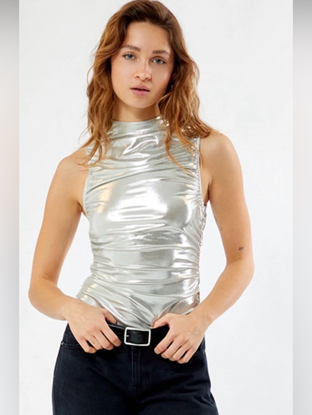 WeWoreWhat Metallic Silver Ruched Sleeveless Mini Dress